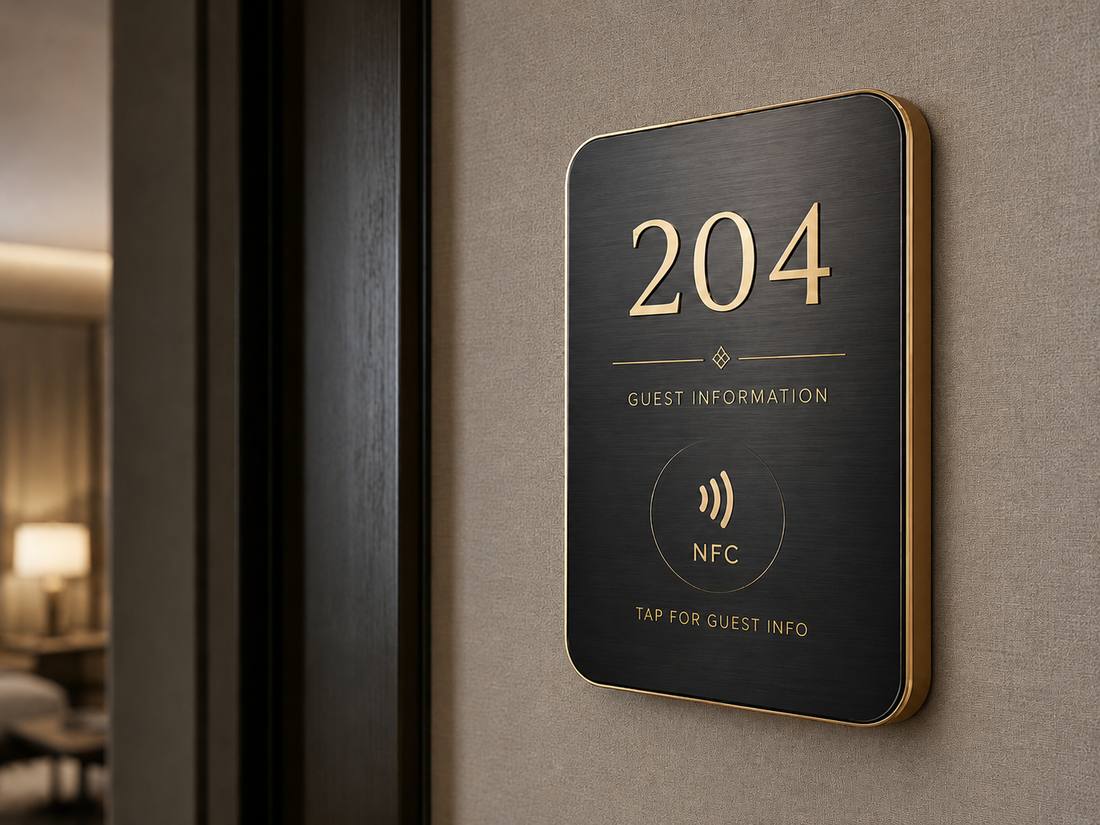 Luxury hotel-style NFC room plaque showing room number 204 and guest information tap point